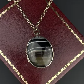 Victorian Silver Banded Agate Locket Pendant Necklace