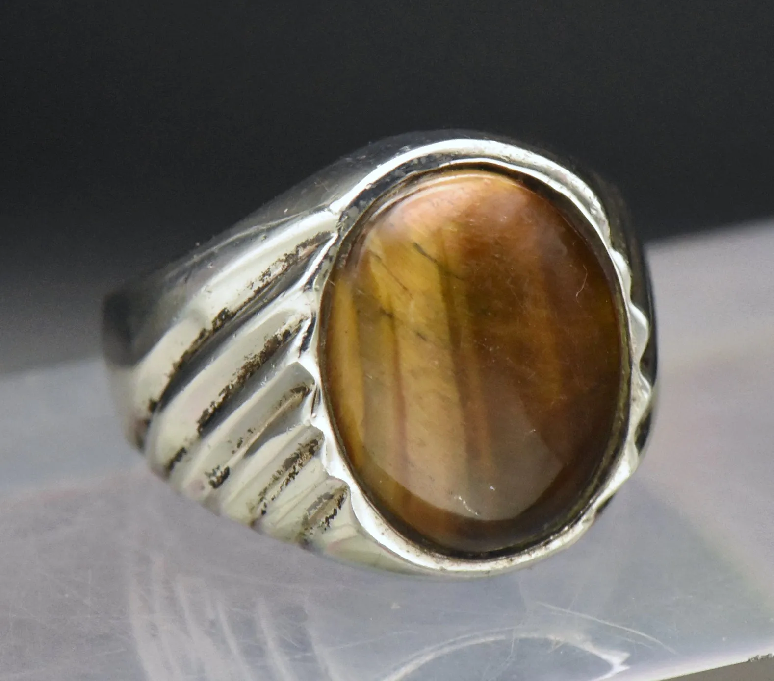 Vintage Artisan Sterling Silver Tiger's Eye Signet Ring - Size 10