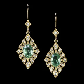 VINTAGE STYLE GREEN SAPPHIRE DIAMOND DANGLE EARRINGS 14k YELLOW GOLD ART DECO