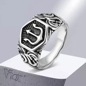 Vnox 13mm Tridant Signet Ring for Men, Stainless Steel Geometric Top Stamp Finger Band, Cool Real Man Jewelry