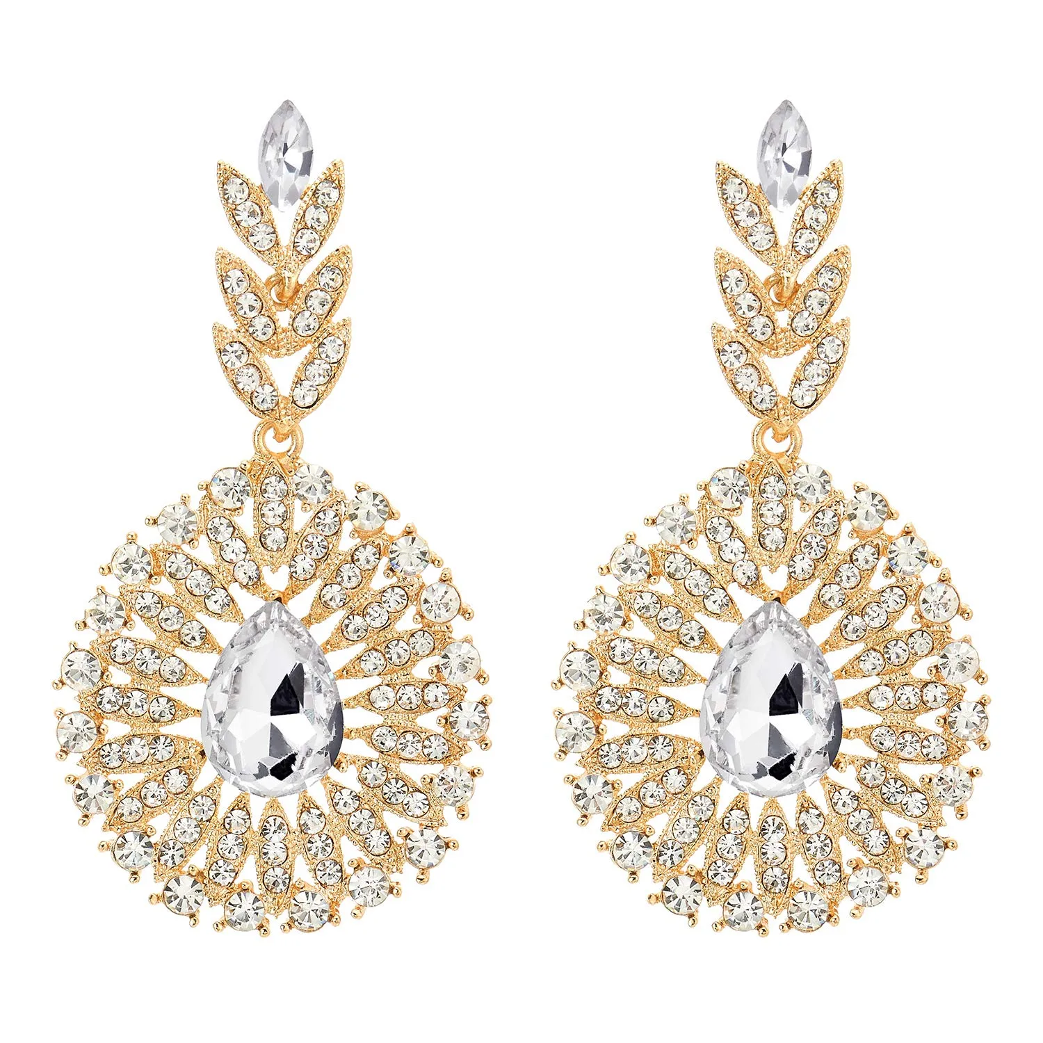 Wedding, Crystal Rhinestone Cluster Flower Leaf Chandelier Teardrop Gold Large Statement Earring