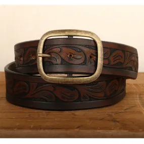 Western Embossed Leather Belt with Antique Brass  or Antique Silver Buckle