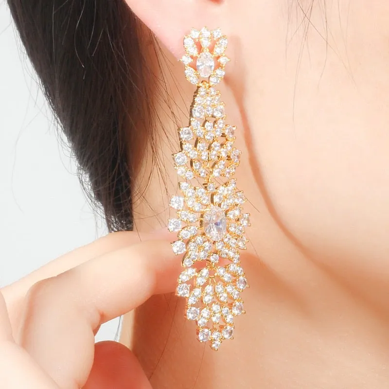 White Cubic Zirconia Long Dangling Party Earrings